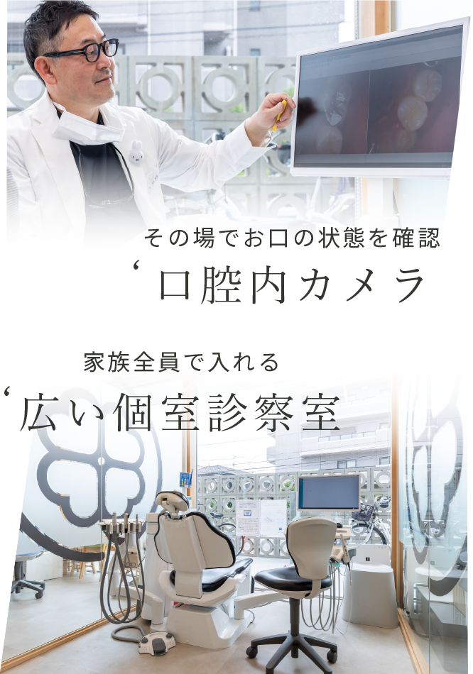 口腔内カメラの画像を説明する院長と個室診察室